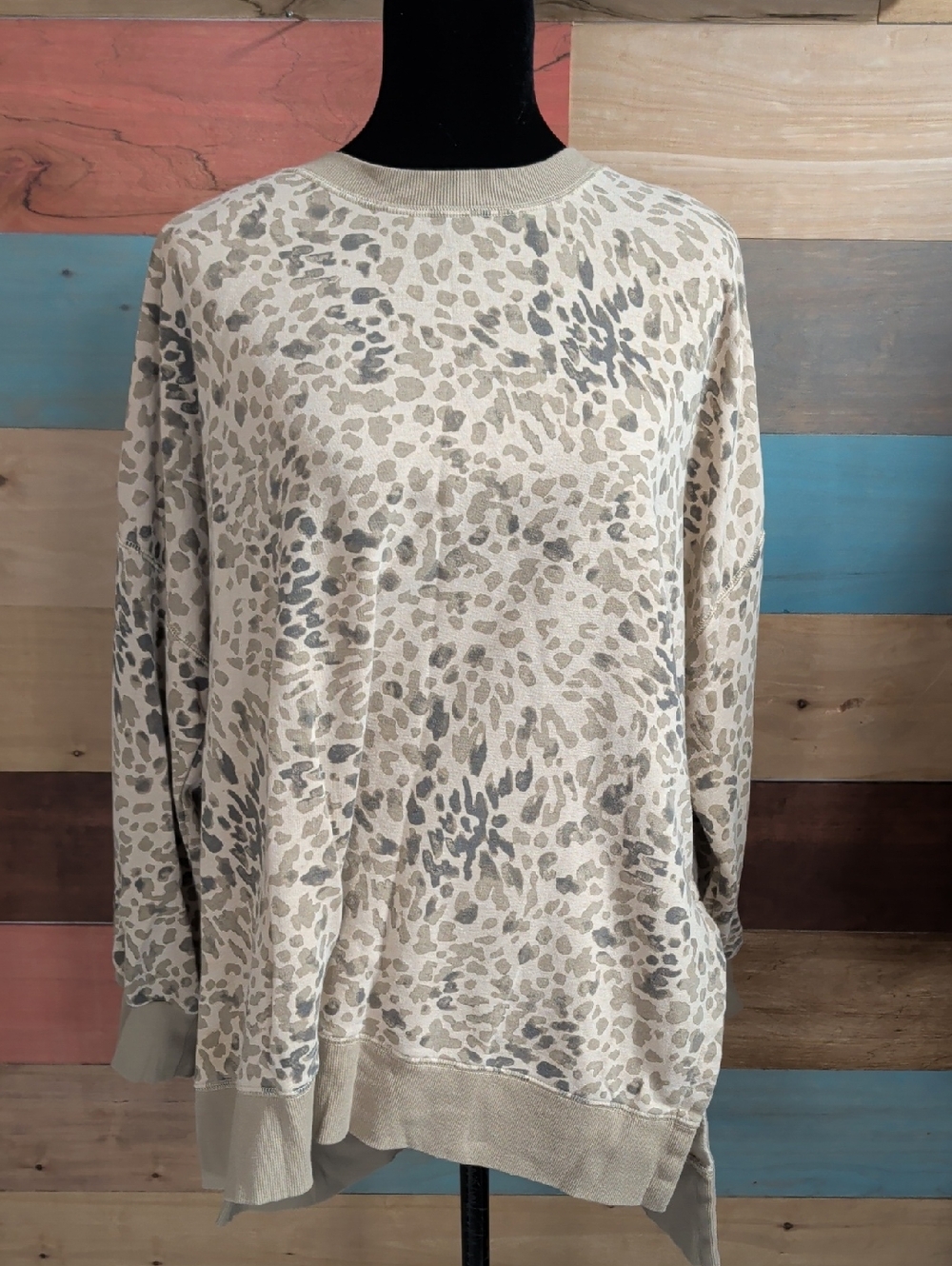 Old Navy Cream and Gray Leopard Print Pullover Sweatshirt